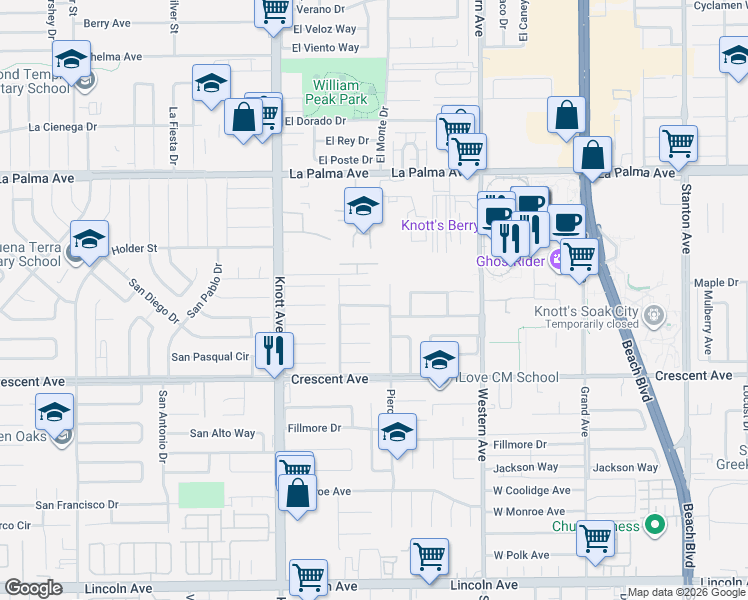 map of restaurants, bars, coffee shops, grocery stores, and more near 8339 Pierce Drive in Buena Park