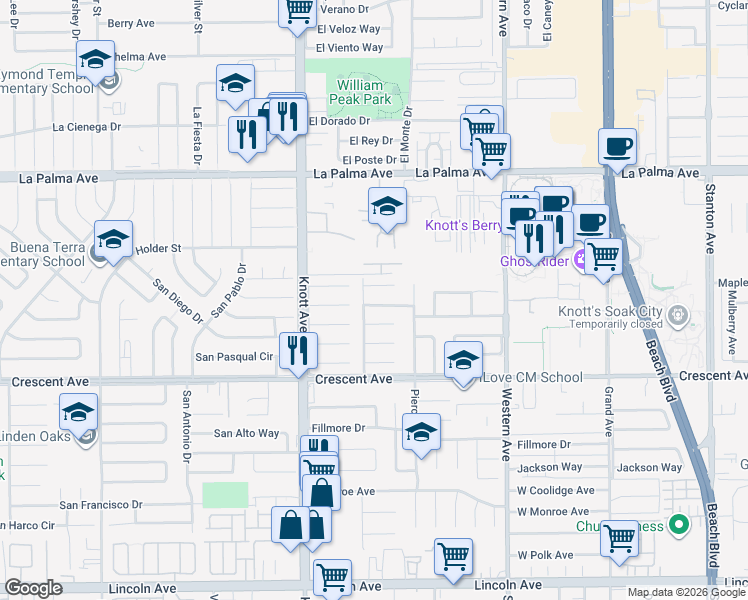 map of restaurants, bars, coffee shops, grocery stores, and more near 7175 Santa Catalina Circle in Buena Park