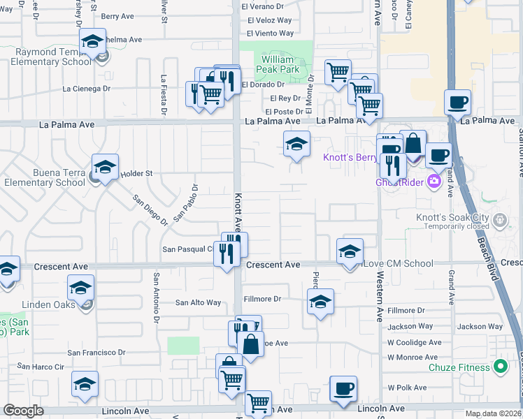 map of restaurants, bars, coffee shops, grocery stores, and more near 7095 Santa Marta Circle in Buena Park