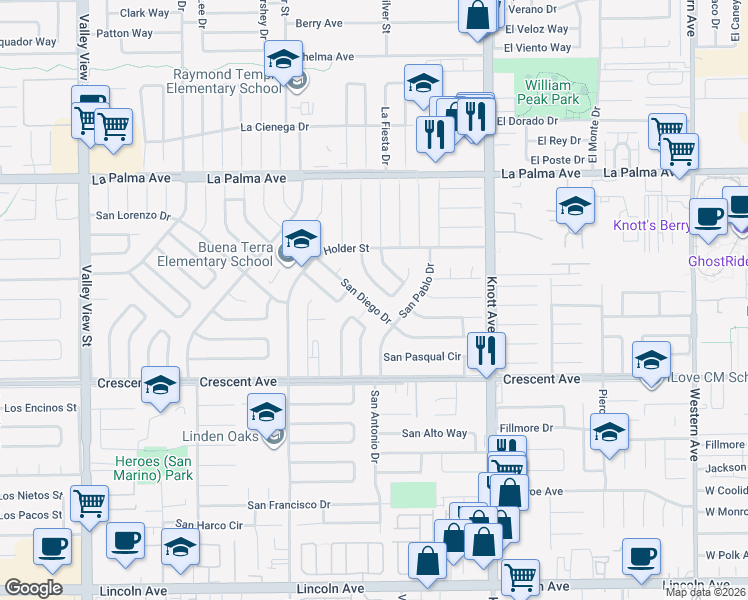 map of restaurants, bars, coffee shops, grocery stores, and more near 6781 San Diego Drive in Buena Park