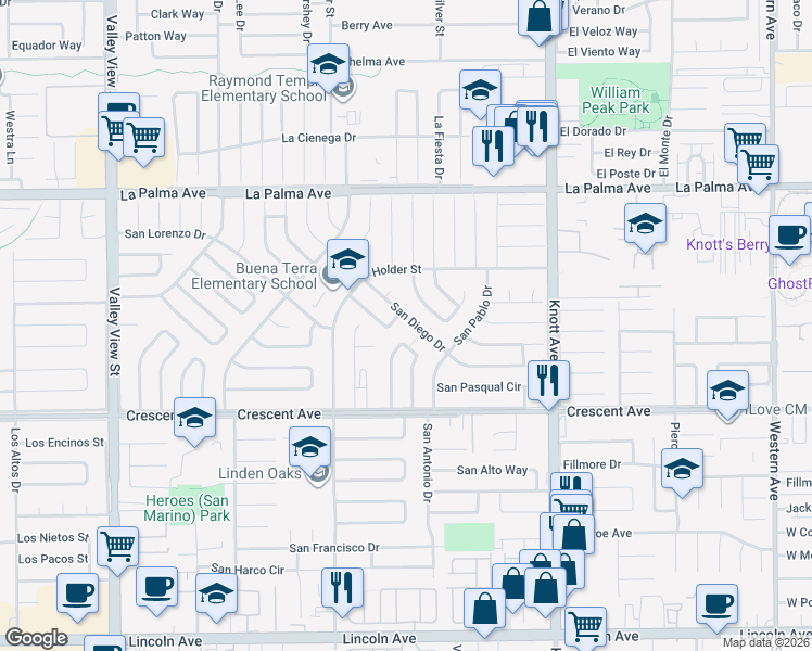 map of restaurants, bars, coffee shops, grocery stores, and more near 8431 San Capistrano Way in Buena Park