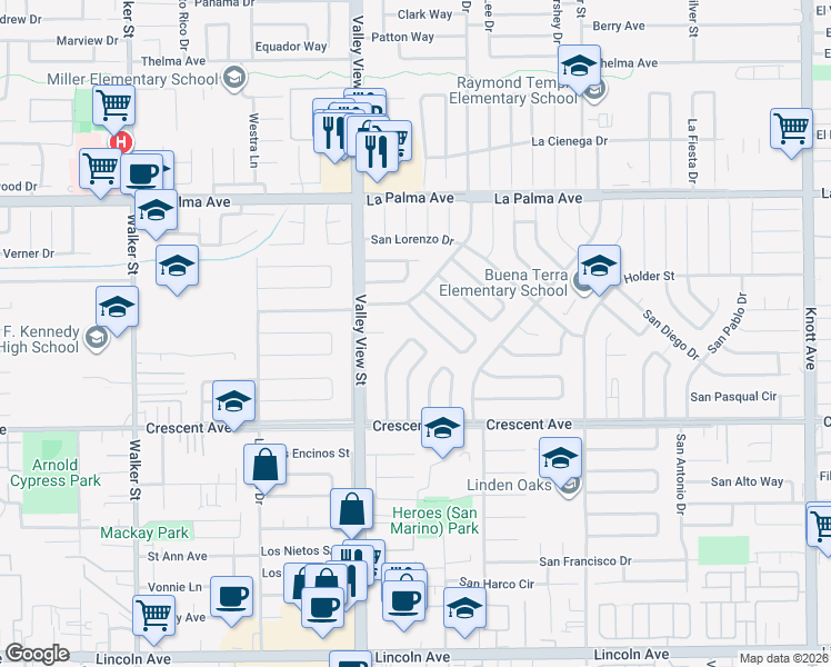 map of restaurants, bars, coffee shops, grocery stores, and more near 8396 San Clemente Way in Buena Park