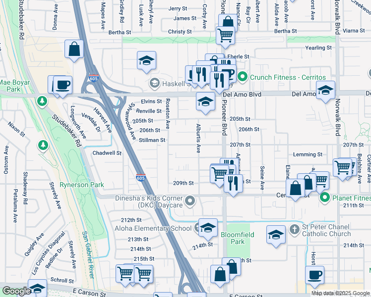 map of restaurants, bars, coffee shops, grocery stores, and more near 11615 208th Street in Lakewood