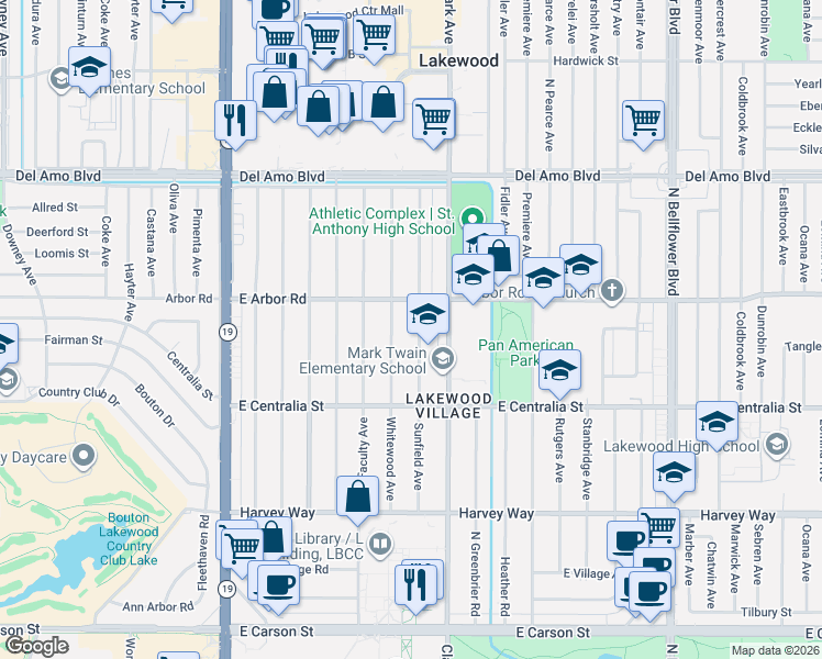 map of restaurants, bars, coffee shops, grocery stores, and more near 4608 Whitewood Avenue in Long Beach