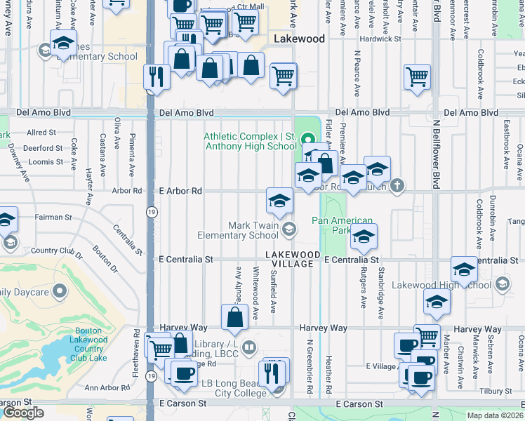 map of restaurants, bars, coffee shops, grocery stores, and more near 4608 Whitewood Avenue in Long Beach