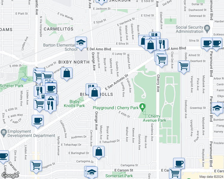 map of restaurants, bars, coffee shops, grocery stores, and more near 4559 North Banner Drive in Long Beach
