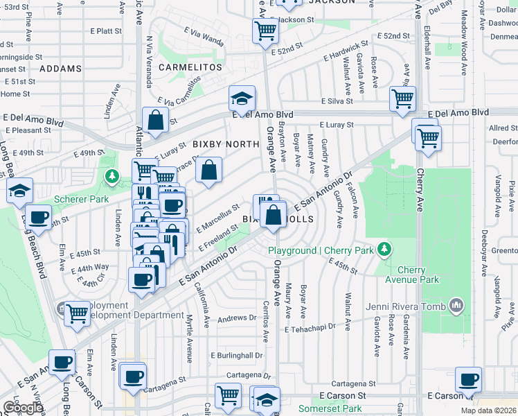 map of restaurants, bars, coffee shops, grocery stores, and more near 4530 North Cerritos Drive in Long Beach