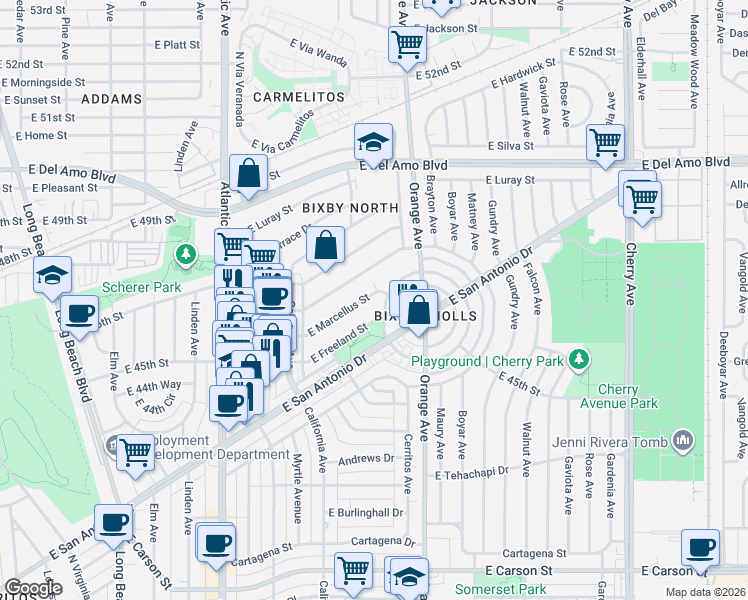 map of restaurants, bars, coffee shops, grocery stores, and more near 1157 East Freeland Street in Long Beach