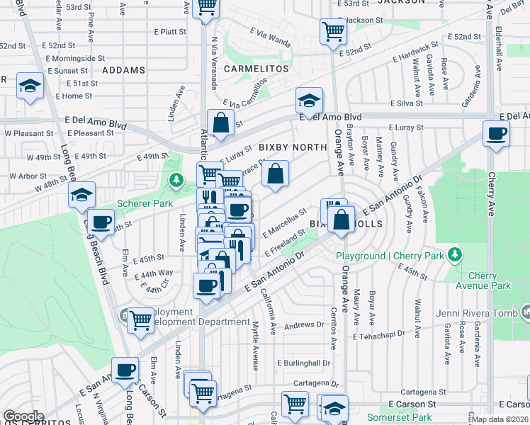 map of restaurants, bars, coffee shops, grocery stores, and more near 1043 East Marcellus Street in Long Beach