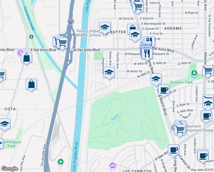 map of restaurants, bars, coffee shops, grocery stores, and more near 176 West Ridgewood Street in Long Beach