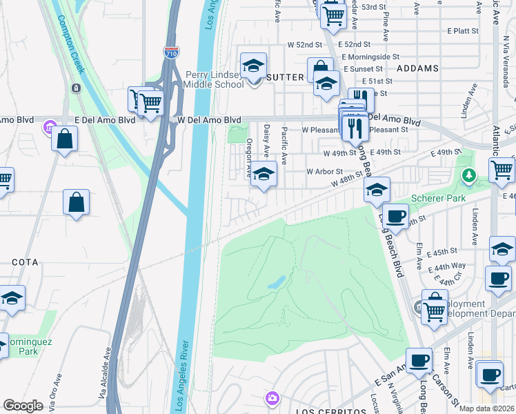 map of restaurants, bars, coffee shops, grocery stores, and more near 176 West Ridgewood Street in Long Beach