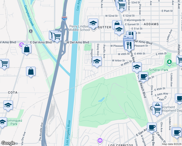 map of restaurants, bars, coffee shops, grocery stores, and more near 176 West Ridgewood Street in Long Beach