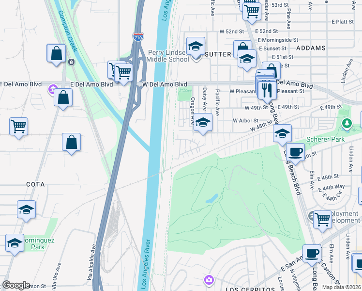 map of restaurants, bars, coffee shops, grocery stores, and more near 4715 Holly Avenue in Long Beach