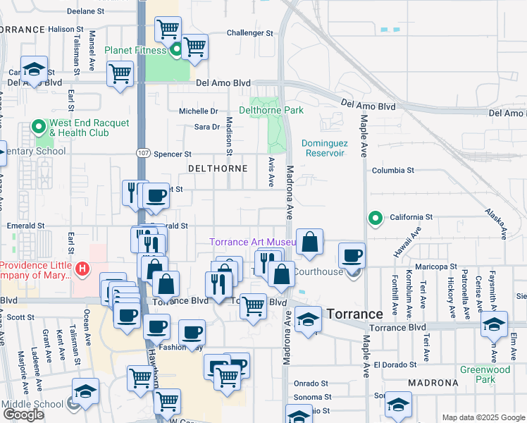 map of restaurants, bars, coffee shops, grocery stores, and more near 3455 Emerald Street in Torrance