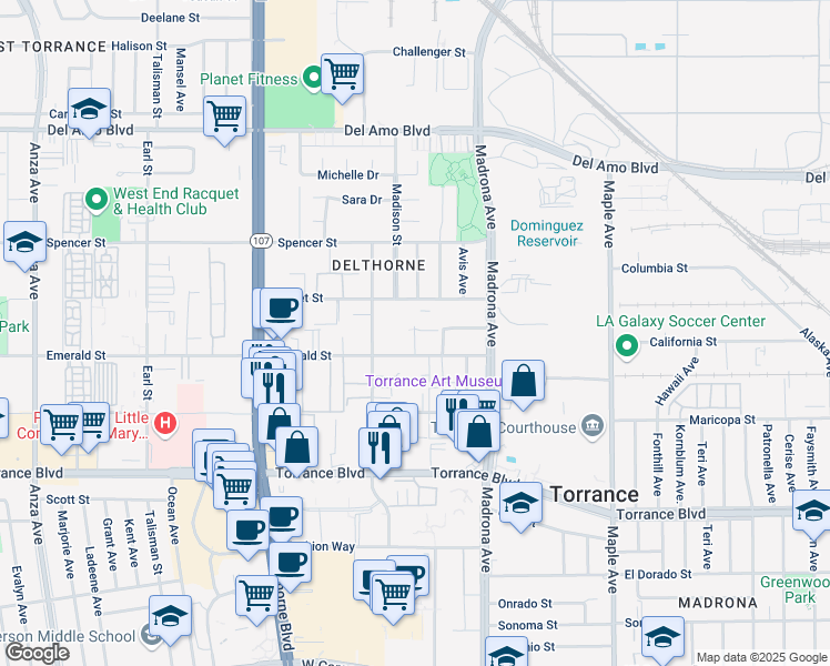 map of restaurants, bars, coffee shops, grocery stores, and more near 3455 Emerald Street in Torrance