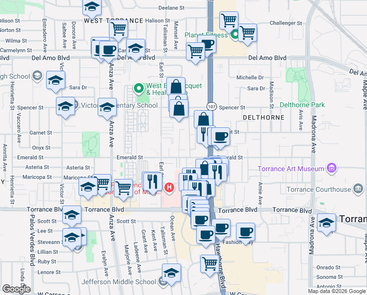 map of restaurants, bars, coffee shops, grocery stores, and more near 4015 Emerald Street in Torrance