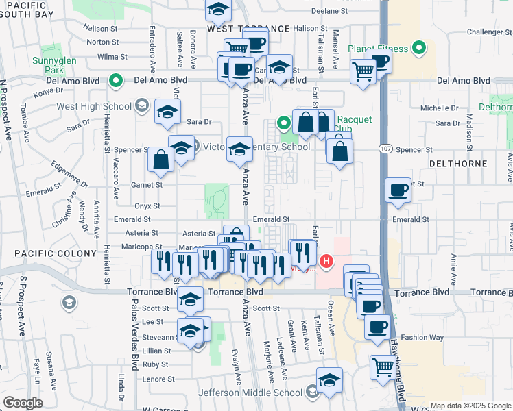map of restaurants, bars, coffee shops, grocery stores, and more near 20710 Anza Avenue in Torrance