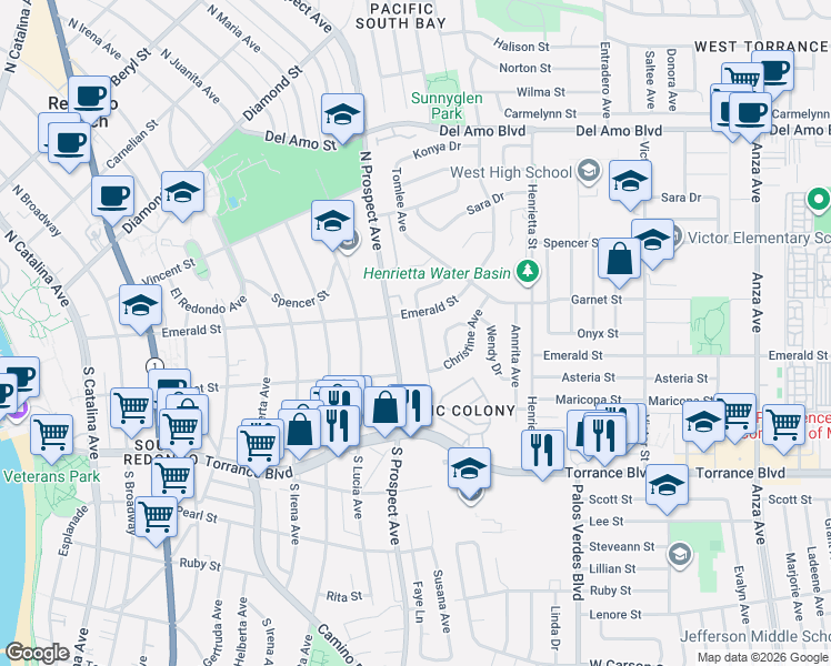 map of restaurants, bars, coffee shops, grocery stores, and more near 20739 Tomlee Avenue in Torrance