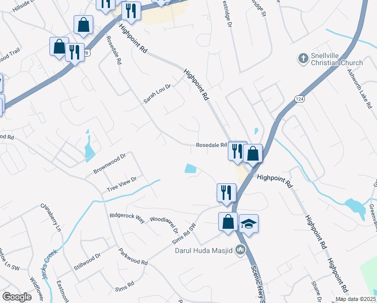map of restaurants, bars, coffee shops, grocery stores, and more near 2580 Creek Circle in Snellville