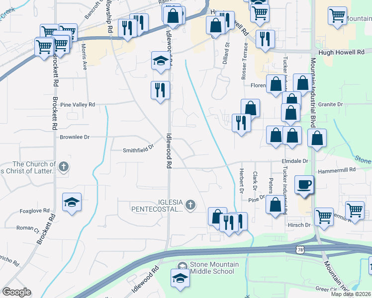 map of restaurants, bars, coffee shops, grocery stores, and more near 4320 Sasanqua Court in Tucker