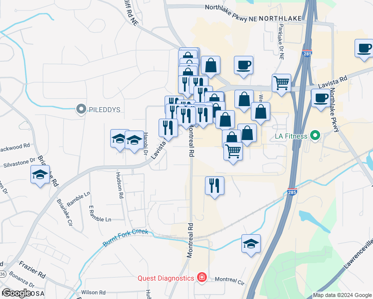 map of restaurants, bars, coffee shops, grocery stores, and more near 1989 Montreal Road in Tucker