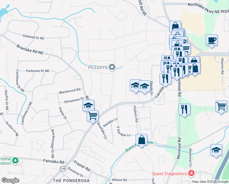 map of restaurants, bars, coffee shops, grocery stores, and more near 3676 Lavista Road in Decatur