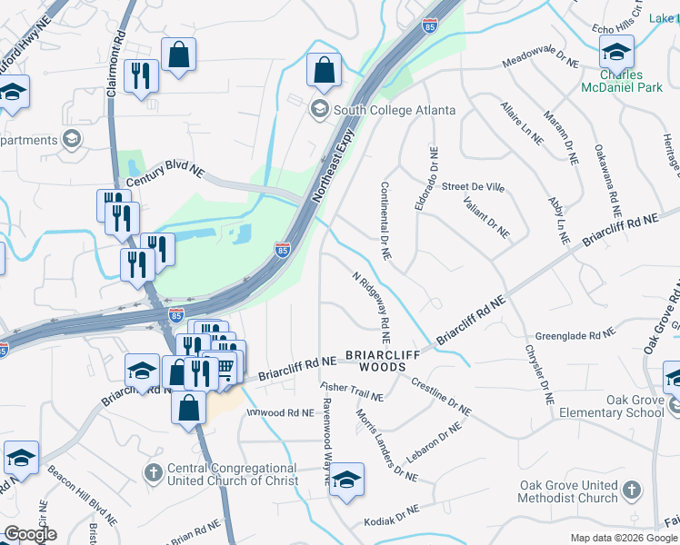 map of restaurants, bars, coffee shops, grocery stores, and more near 2010 North Ridgeway Road Northeast in Atlanta