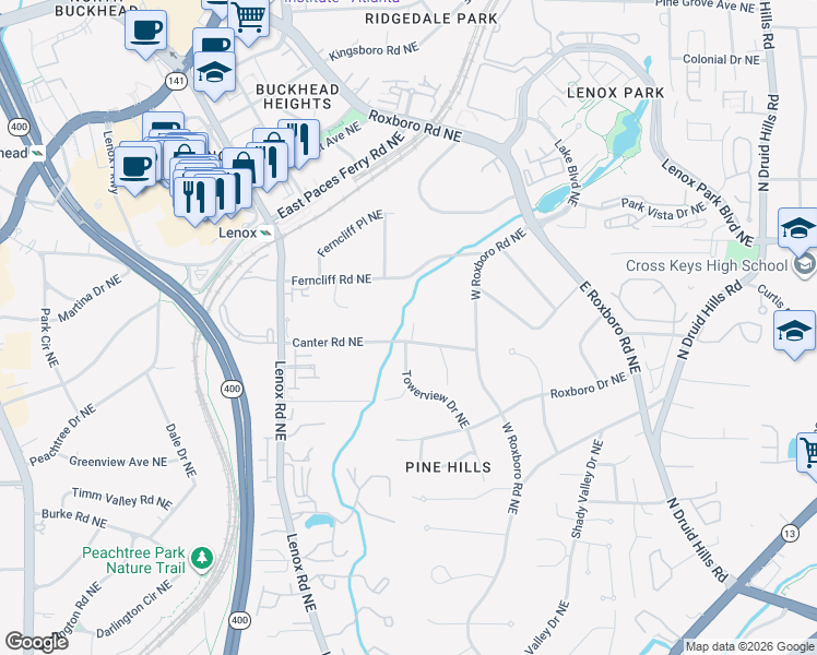 map of restaurants, bars, coffee shops, grocery stores, and more near 1075 Canter Road Northeast in Atlanta