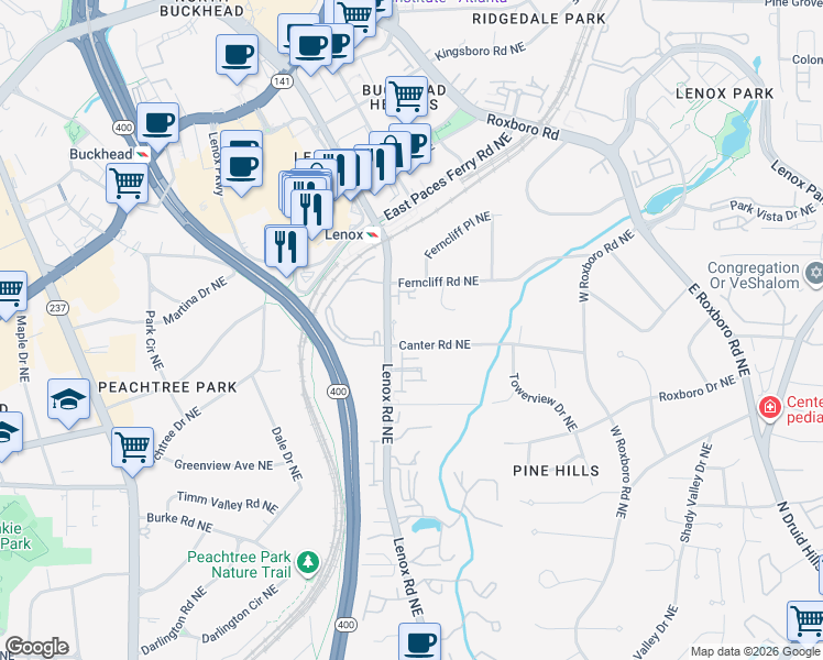 map of restaurants, bars, coffee shops, grocery stores, and more near 945 Canter Road Northeast in Atlanta