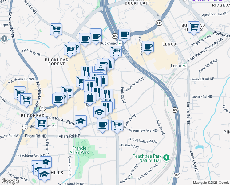 map of restaurants, bars, coffee shops, grocery stores, and more near 3115 Piedmont Road Northeast in Atlanta