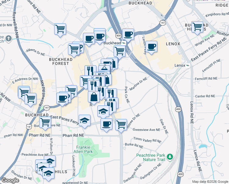 map of restaurants, bars, coffee shops, grocery stores, and more near 3115 Piedmont Road Northeast in Atlanta