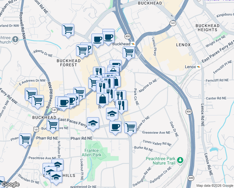 map of restaurants, bars, coffee shops, grocery stores, and more near in Atlanta