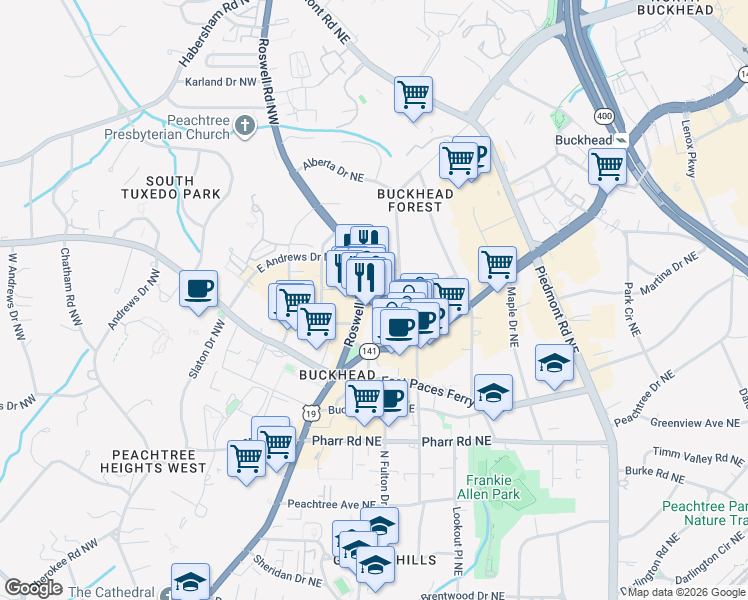 map of restaurants, bars, coffee shops, grocery stores, and more near 3175 Roswell Road Northwest in Atlanta