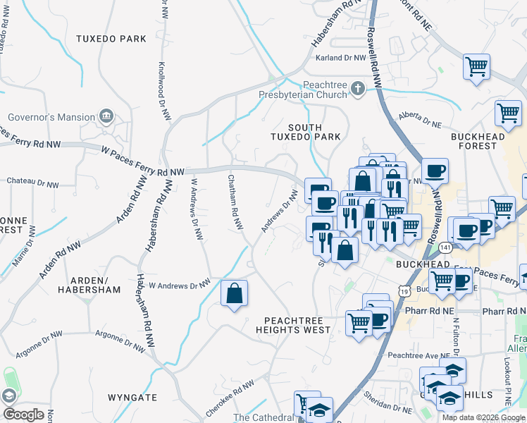 map of restaurants, bars, coffee shops, grocery stores, and more near 3152 Andrews Drive Northwest in Atlanta