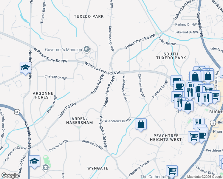 map of restaurants, bars, coffee shops, grocery stores, and more near 3163 Habersham Road Northwest in Atlanta