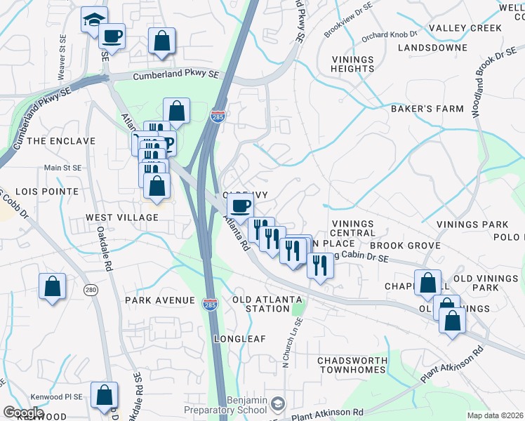 map of restaurants, bars, coffee shops, grocery stores, and more near 2355 Log Cabin Drive Southeast in Smyrna