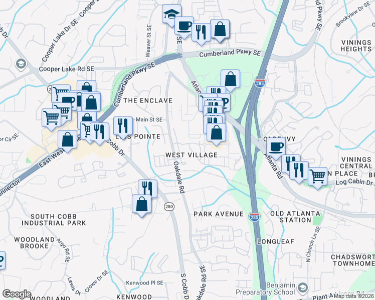 map of restaurants, bars, coffee shops, grocery stores, and more near 2106 West Village Lane in Smyrna