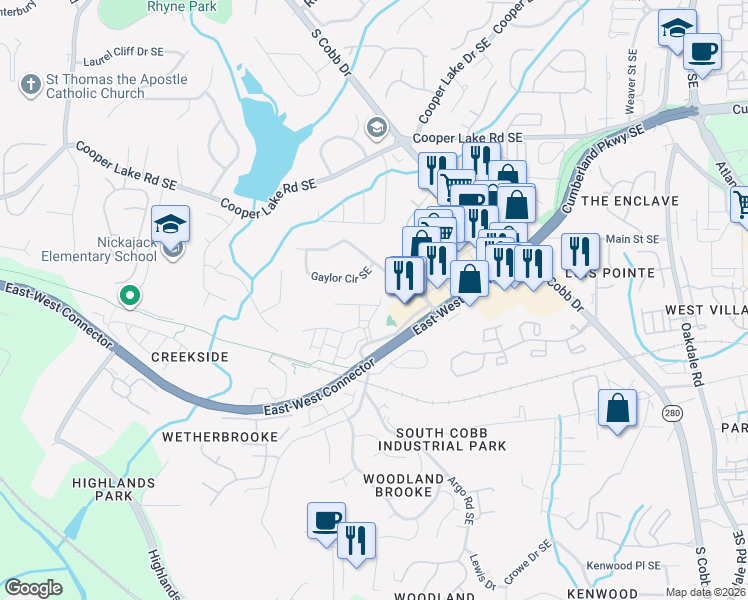 map of restaurants, bars, coffee shops, grocery stores, and more near 4655 Wehunt Commons Drive in Smyrna