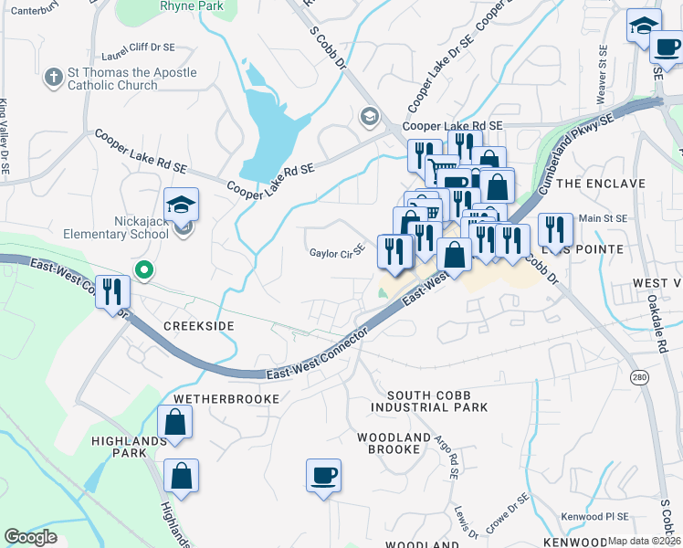 map of restaurants, bars, coffee shops, grocery stores, and more near 4618 Wehunt Commons Drive in Smyrna