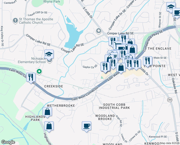 map of restaurants, bars, coffee shops, grocery stores, and more near 4625 Wehunt Commons Drive in Smyrna