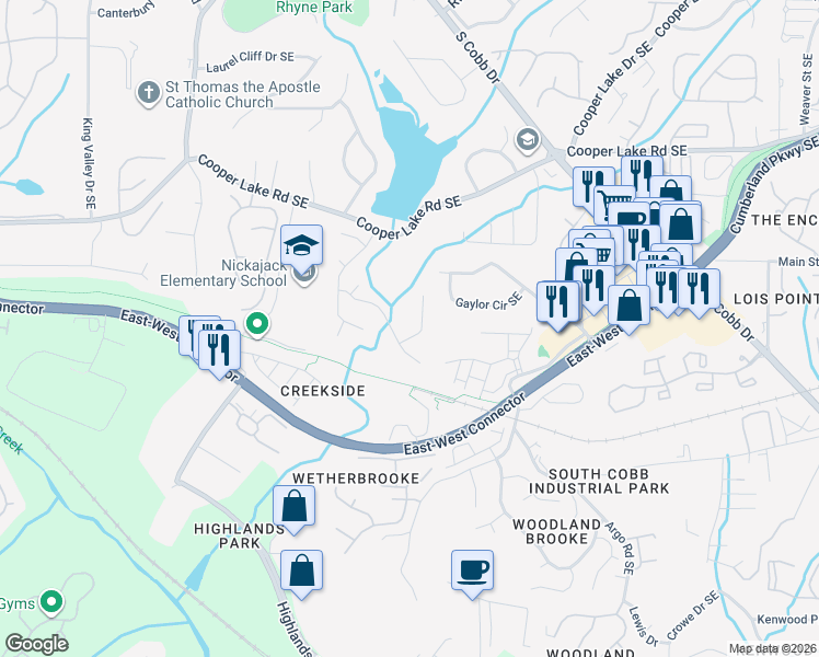 map of restaurants, bars, coffee shops, grocery stores, and more near 5110 Laurel Bridge Drive Southeast in Smyrna