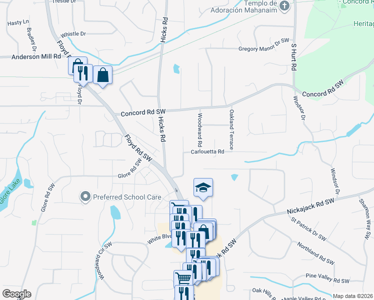 map of restaurants, bars, coffee shops, grocery stores, and more near 739 Carlouetta Road in Mableton