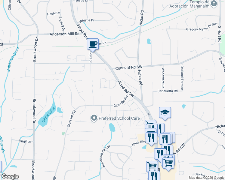 map of restaurants, bars, coffee shops, grocery stores, and more near 976 Anjul Drive in Mableton