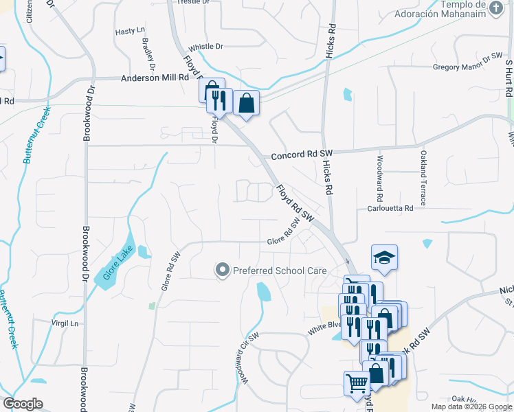 map of restaurants, bars, coffee shops, grocery stores, and more near 988 Anjul Drive in Mableton
