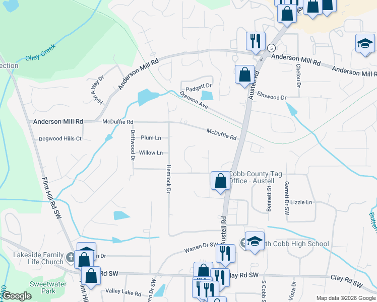 map of restaurants, bars, coffee shops, grocery stores, and more near 4587 Danna Drive in Austell
