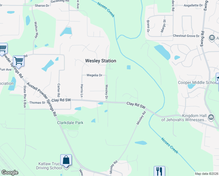 map of restaurants, bars, coffee shops, grocery stores, and more near 4611 Wesley Drive in Austell