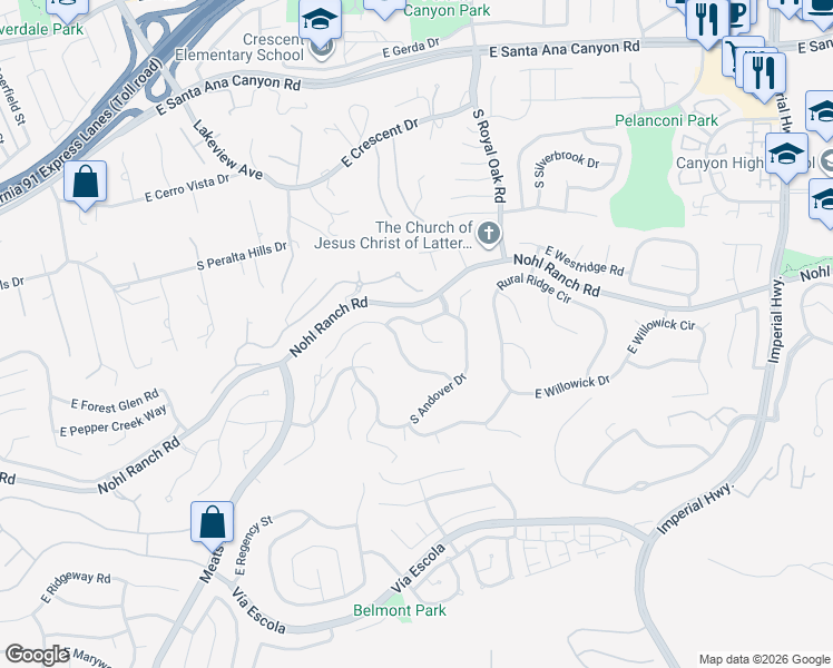 map of restaurants, bars, coffee shops, grocery stores, and more near 521 South Weymouth Court in Anaheim