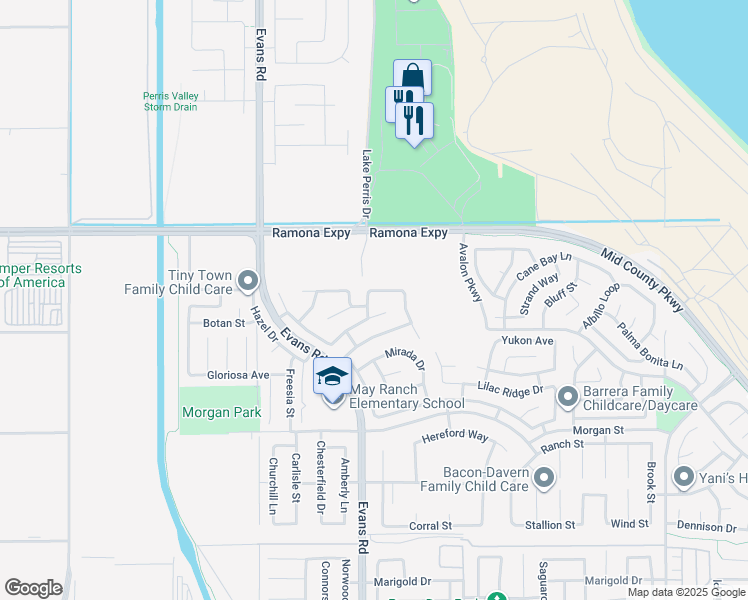 map of restaurants, bars, coffee shops, grocery stores, and more near 3863 Millbrae Terrace in Perris