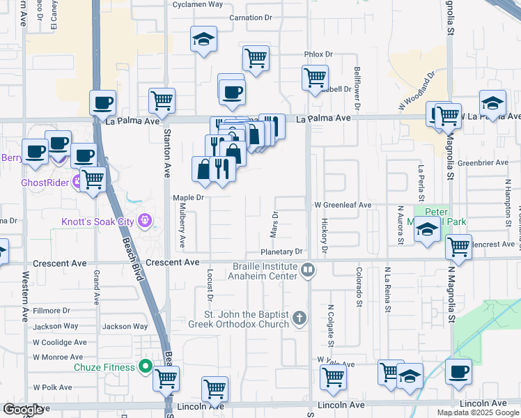 map of restaurants, bars, coffee shops, grocery stores, and more near 8335 Galaxy Circle in Buena Park