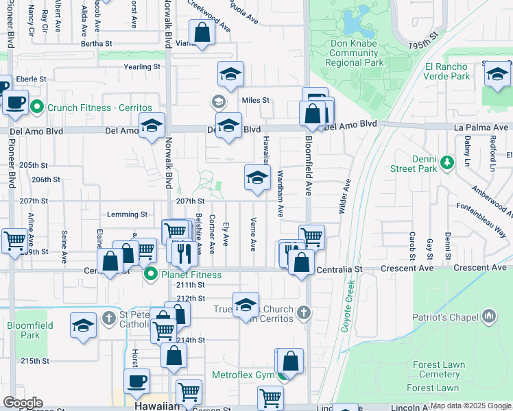 map of restaurants, bars, coffee shops, grocery stores, and more near 12428 207th Street in Lakewood